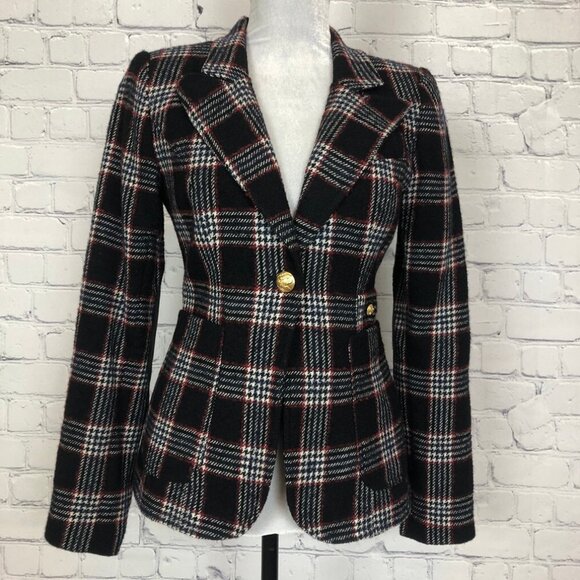 Smythe Black Houndstooth Plaid Duchess Blazer Size 4 Elbow Patches - Picture 1 of 10